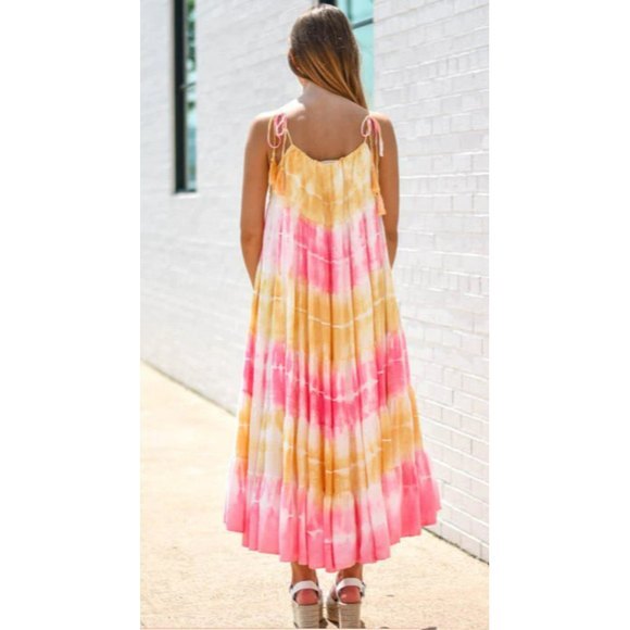 NWT-Impeccable Pig Pink & Yellow  Long A-line Tie Dye Dress w/Tassels Size M - Picture 3 of 6